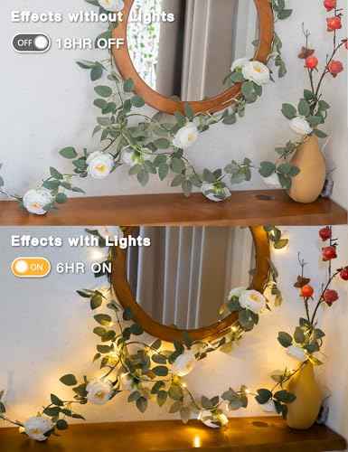 60LED Garland with White Camellia Lights Battery Operated Clear Wire