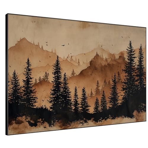 36"x46" Extra Large Framed Wall Art Rustic Mountain Pine Forest Silhouette in Warm Earth Tones for Home Living Room Bedroom Decor