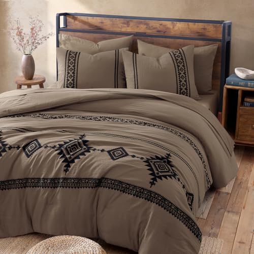 Embroidery King Size Comforter Set 7 Pieces Taupe Grey Bed in a Bag