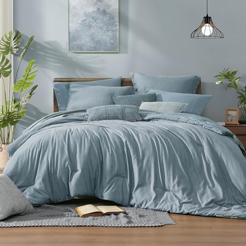King Comforter Set 7 Pieces Dusty Blue Cationic Dyeing Bed in a Bag