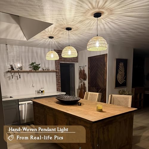 2 Pack Hemp Rope Woven Pendant Light Woven Light Fixture Boho Chandelier Light Fixture Wicker Pendant Lights Rattan Dome Wicker Chandelier for Dining Room Kitchen Island