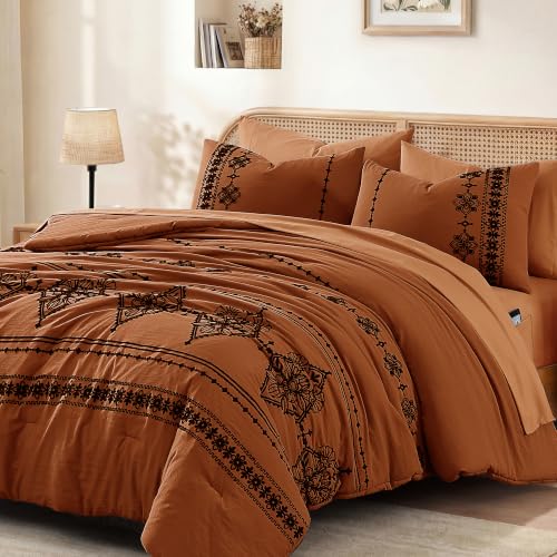 Queen Comforter Set Embroidery Floral 7 Pieces Bed in a Bag