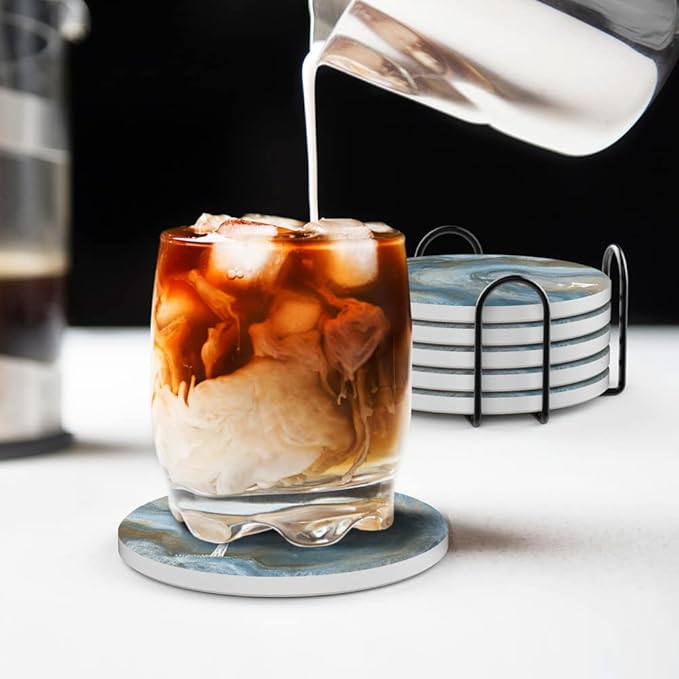 UMIRRO Coasters for Drinks Absorbent with Holder | Cool Table Mats in Ocean Blue for Cups, Glasses, Desk, Office and Home | Cute Ceramic Stoneware Coaster Set