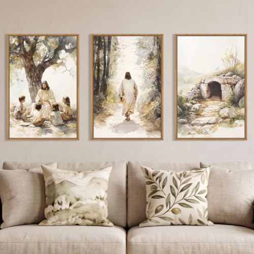 Large Jesus Teaching Children on Path Framed Canvas Wall Art (3 Count)