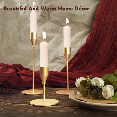 Matte Gold Candle Holders Bulk Painted Gold Metal Candlesticks Fit 0.8 Inch Taper Candles Decorative Metal Candelabra for Wedding Home Holiday Anniversary Party Dinning Table Decors (15 Count)