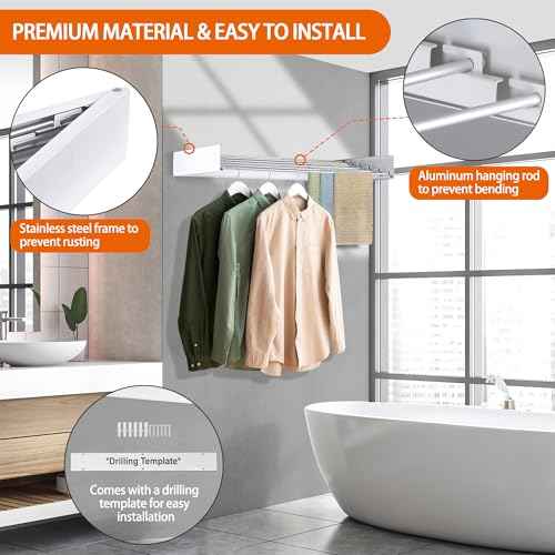 Laundry Drying Rack Wall Mounted Clothes Drying Rack Collapsible with 5 Aluminum Rods and Drilling Template Long Screwdriver Bit 60 lbs Capacity
