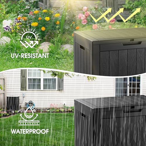 Deck Box 35 Gallon Resin Indoor and Outdoor Storage Boxes Waterproof for Garden Tools