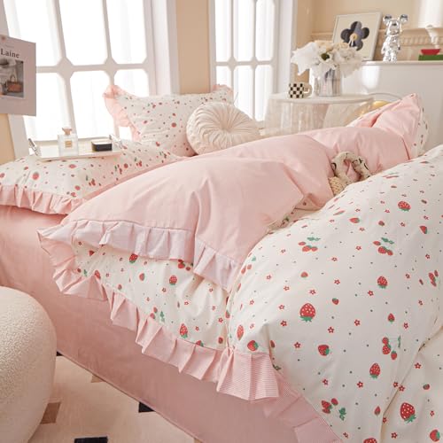 Strawberry Print Comforter Set Pink White Ruffled Bedding Comforter Full Size Soft Fluffy Floral Bedding Set Kawaii Strawberry Fruit Comforter Set for Kids Girls Lightweight and Cozy for All Seasons