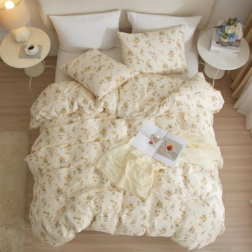 Garden Style Yellow Floral Comforter Set Twin XL Chic Flower Leaves Printed Girls Floral Bedding Set Fluffy Soft Microfiber Twin XL Comforter with 2 Pillowcases Vintage Floral Botanical Comforter Set