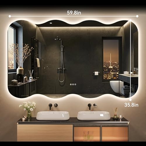60"x36" Wavy Full Length Mirror with Lights Frameless Backlit Mirror