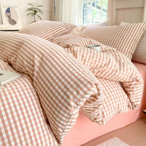 Queen Comforter Set 3 Pieces Pink Gingham Comforter Modern Style Blush Plaid Comforter Set Fluffy Soft Farmhouse Gingham Bedding Grid Checkered Comforter Queen with 2 Pillowcases