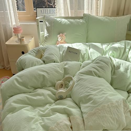 Green Gingham Comforter Set King Romantic Lace Style Vintage Checkered Plaid Comforter Set 3 Pieces Green Grid Comforter with 2 Pillowcases Soft Fluffy Farmhouse Gingham Bedding Set King