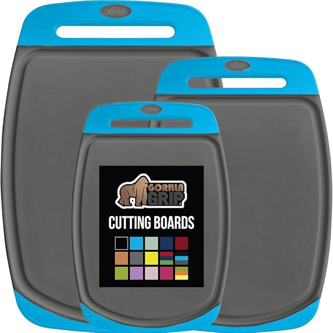 GORILLA GRIP BPA-Free Reversible Kitchen Cutting Board Set of 3, US Designed, Nonporous, Juice Grooves Catch Liquid, Slip Resistant Border, Dishwasher Safe, Durable Food Chopping Boards, Aqua Gray