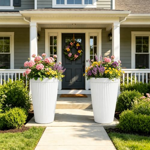 Autodaya 20" Tall Fluted Resin Planters Set of 2 with Drainage Holes (2 Count)