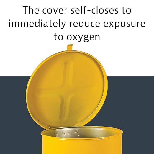 Justrite 6 Gallon Galvanized Steel Oily Waste Can, 16" x 12" Metal Oil Rag Safety Can with Hand Operated Self-Closing Lid for Oil Rag Disposal, Made in The USA, Yellow, 09111