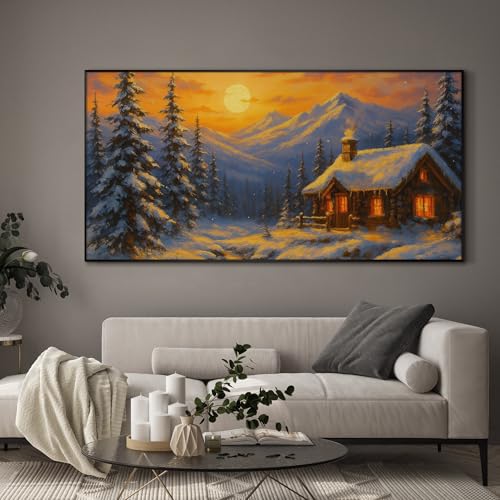 24"x46" Extra Large Framed Wall Art Cozy Cabin in Snowy Mountain Landscape at Sunset for Home Living Room Bedroom Decor