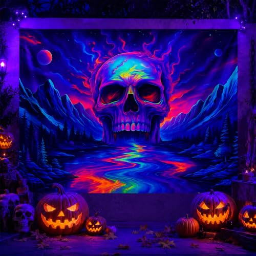 Blacklight Tapestry Skull Mountain Wall Hanging 78 x 59 Inch