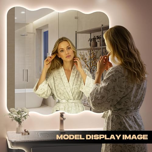 36"x36" Wavy Mirror with Lights Frameless Backlit LED Wall Mirror