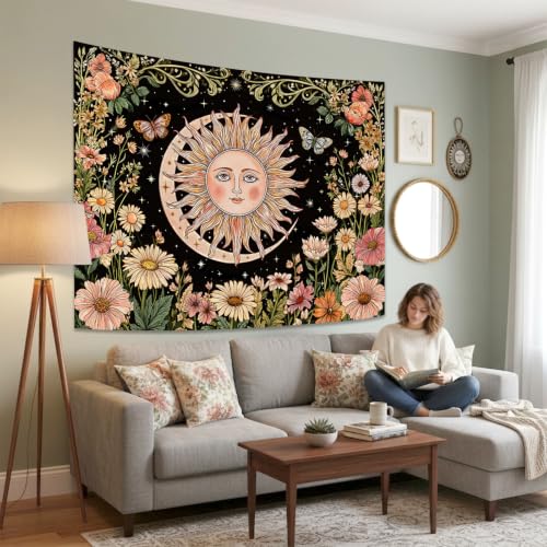 Boho Vintage Sun and Moon Hippie Floral Tapestry 80 x 60 Inch