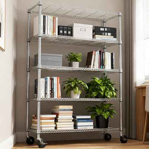 1750LBS 47.2" W 5 Tiers Storage Shelves Metal Shelving Unit with Wheels Heavy Duty Garage Shelving Adjustable Wire Shelves for Pantry