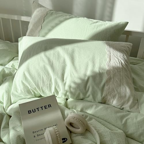 Green Gingham Comforter Set King Romantic Lace Style Vintage Checkered Plaid Comforter Set 3 Pieces Green Grid Comforter with 2 Pillowcases Soft Fluffy Farmhouse Gingham Bedding Set King