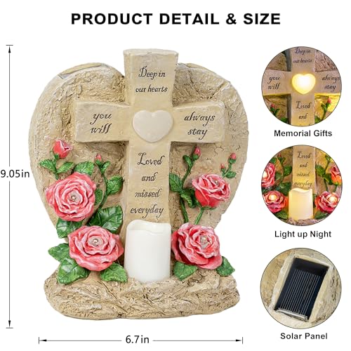 Solar Lights for Cemetery Memorial Cross Statue with LED Lights & Roses