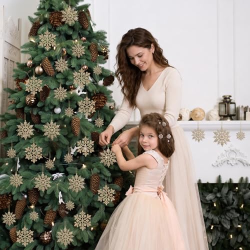 60pcs Christmas Champagne Gold Snowflake Ornaments Plastic Glitter Snow Flakes Ornaments for Winter Christmas Tree Decorations Size Varies Craft Snowflakes (60 Count)