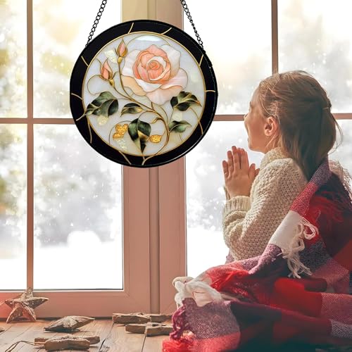 Pink Rose Stained Glass Window Hanging Suncatcher Gifts for Women 7.8"