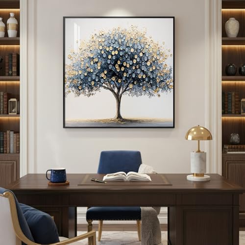 Framed Modern Luxury Blue and Gold Tree of Life Wall Art