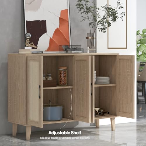 Buffet Storage Cabinet with Rattan Decorating 4 Doors Living Room Kitchen Sideboard 48.43 x 34.65 x 15 inch
