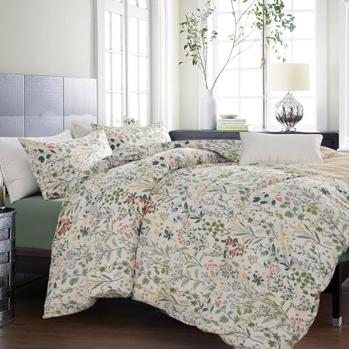 Botanical Floral Comforter Set Twin XL Fluffy Soft Garden Style Cute Floral Bedding Comforter Vintage Botanical Flowers Comforter with 2 Pillowcases Aesthetic Wildflower Cottagecore Comforter Set