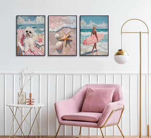 3Pcs Pink Beach Preppy Wall art Retro Beach seashell and starfish poster printing Pink surfboard dog painting wall Decor for Girls Room dormitory apartments Home Decoration Unframed (3 Count)