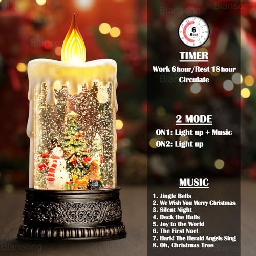 Christmas Snow Globe Candle Christmas Decorations Indoor Auto Snowfall Glitter Music Collection Snowman Child Tree with 6H Timer USB