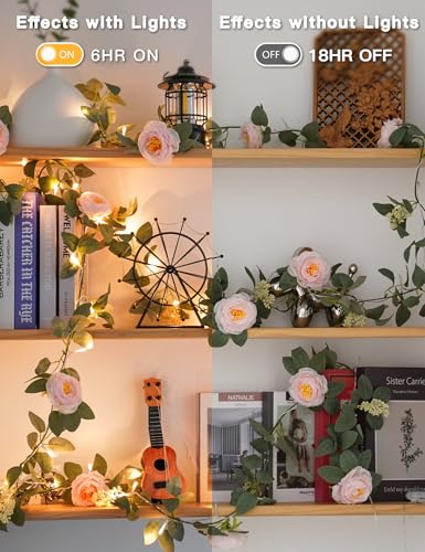 60LED Garland with Pink Camellia Lights Battery Operated Clear Wire