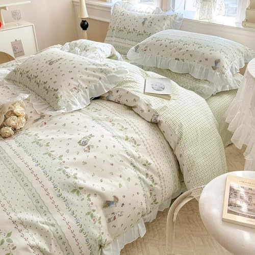 Botanical Floral Comforter Set Full Size Cute Flower Leaves Rabbit Pattern Comforter Reversible Green Plaid Comforter Girls Princess Bedding Set Lace Ruffle Comforter Set for Kids Teen Girls (3 Count)