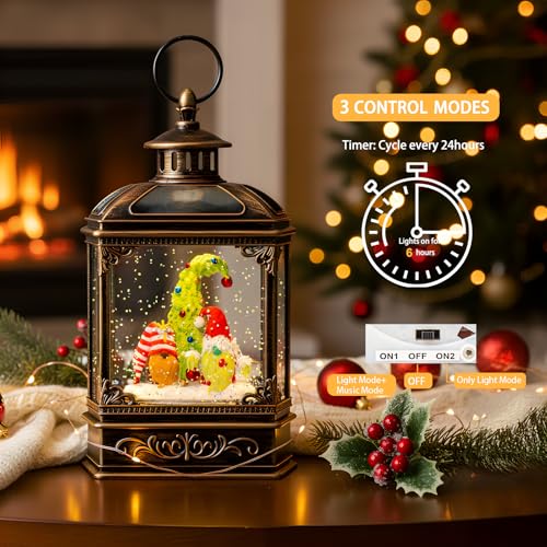 Musical Snow Globe Lantern Lighted Whimsical Christmas Tree & Gnomes Scandinavian Santa Elf Water Lantern with Swirling Glittering Home Decoration and Gift