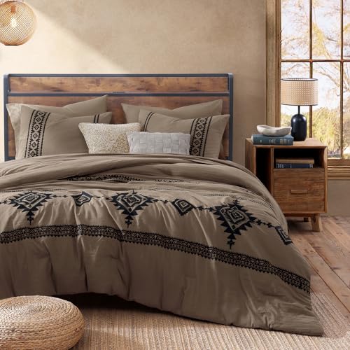 Embroidery King Size Comforter Set 7 Pieces Taupe Grey Bed in a Bag