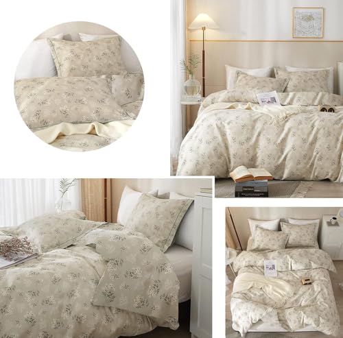 Vintage Boho Floral Comforter Set Queen Soft Fluffy Beige Floral Bedding Comforter Set 1 Queen Comforter with 2 Pillowcases Garden Style Vintage Flower Botanical Comforter Set for All Seasons