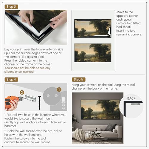 36"x72" Extra Large Framed Wall Art Classic River Valley Landscape Vintage Style Countryside with Trees and Cows Illustration for Home Living Room Bedroom Decor