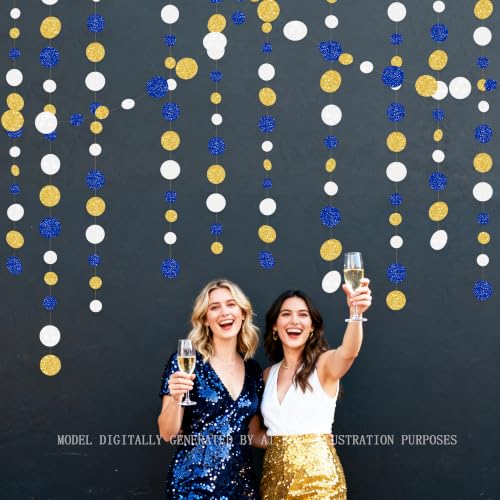 Royal Blue Gold White Party Polka Dot Garland Dark Blue Glitter Gold White Hanging Paper Circle Dots Streamer for Birthday Graduation Wedding Shower Retirement Nautical Party Decorations Supplies