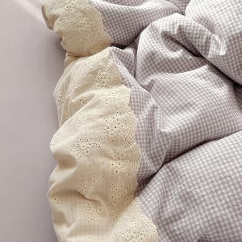 Purple Gingham Comforter Set Twin XL Fluffy Soft Princess Style Girls Lace Bedding Set Cottagecore Cute Plaid Checkered Comforter with 2 Pillowcases Chic Gingham Bedding Grid Comforter Set
