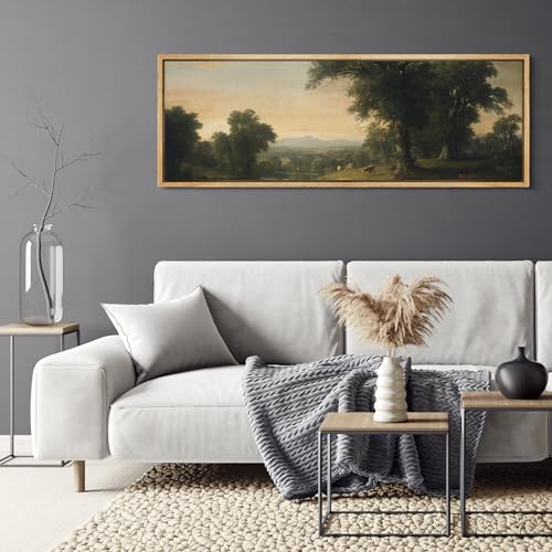 Large Framed Canvas Print Wall Art Pastoral Countryside Landscape Serene River View with Cows and Trees Illustrations Fine Art Illustrations Decorative Colorful for Bedroom