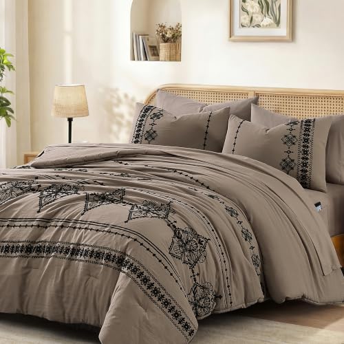 Queen Comforter Set Embroidery Floral 7 Pieces Bed in a Bag