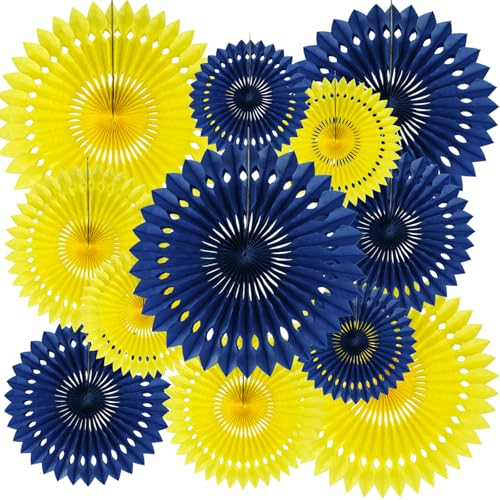 Honeycomb Round Paper Fans Blue Yellow Hanging Party Decoration (12 Count)