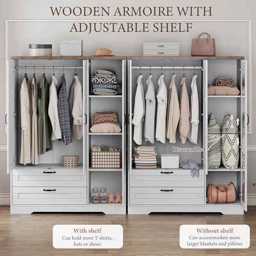 62" Wooden Armoire Wardrobe Closet with Mirror