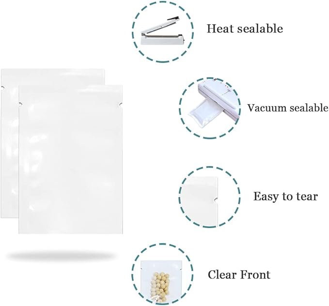 PABCK 100Pcs 4.7x7.1 inch(Usable Size 4.3x6.7 inch) White Front Clear Open Top 2.8mil Plastic Vacuum Pouch Heat Sealable Bags for Food Storage Packets Mini Sample with Tear Notches