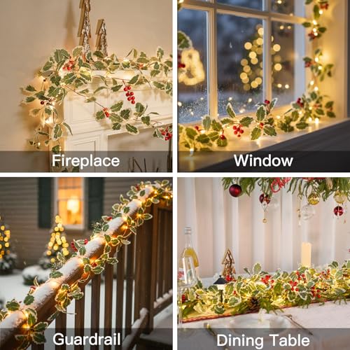 String Light with Red Berries&Holly Leaf Battery Powered Copper Wire