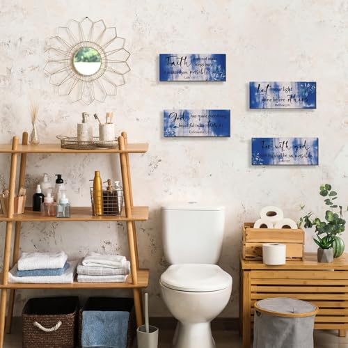 4 Pieces Blue Bathroom Decor Bible Verses Wooden Wall Decor Abstract Office Christian Religious Art for Women Office Home Bedroom Living Room Decoration (4 Count)