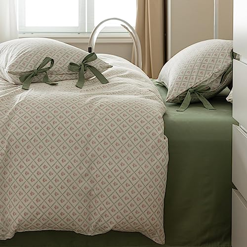 Botanical Pink Flower Comforter Set with Plaid Grid Prints Aesthetic Floral Comforter Set King Size Vintage Country Style Coquette Bedding Comforter King with 2 Bow Tie Pillowcases All Season (3 Piece Set)
