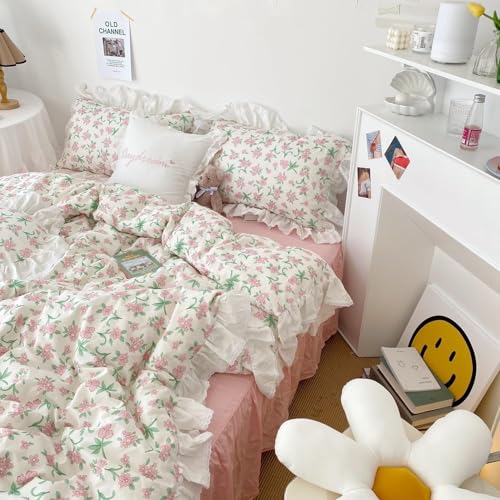 Queen Comforter Set Romantic Ruffle Pink Floral Bedding Comforter with 2 Pillowcases Vintage Botanical Flowers Comforter Set Farmbouse Cottagecore Bedding Ruffle Comforter for All Seasons
